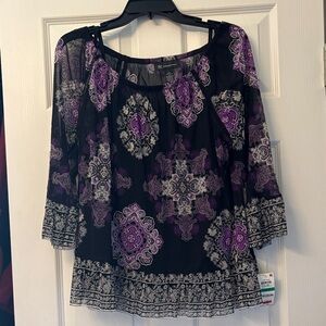 INC International Concepts Black Top with Purple and White Medallion Print